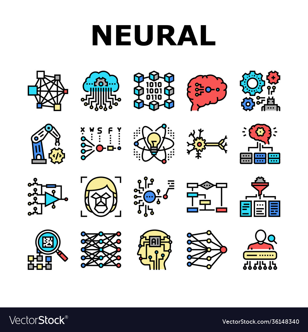 Neural network and ai collection icons set