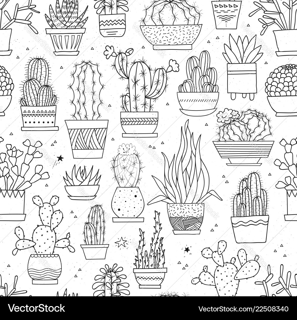 Seamless pattern with hand-drawn cacti Royalty Free Vector
