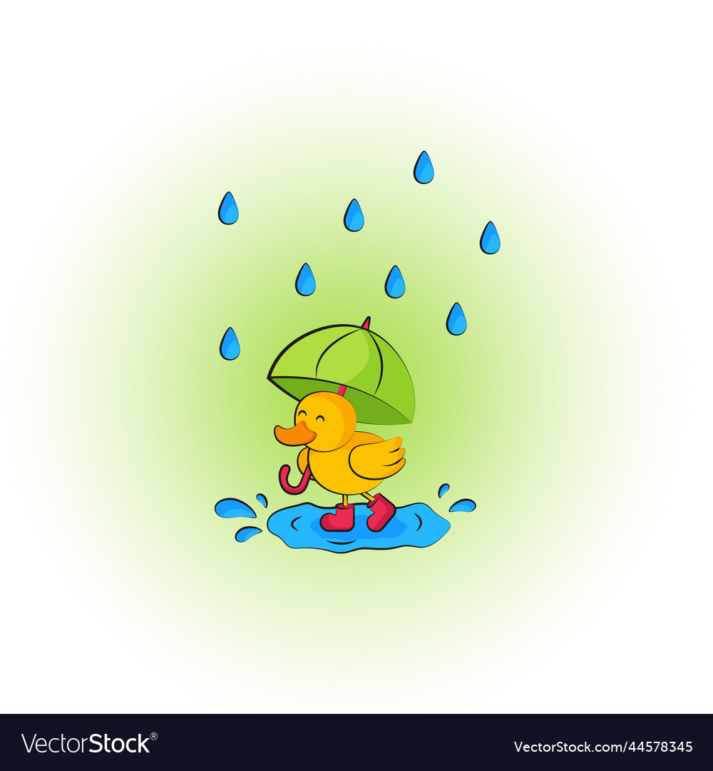 A duckling in red boots walks the rain under Vector Image