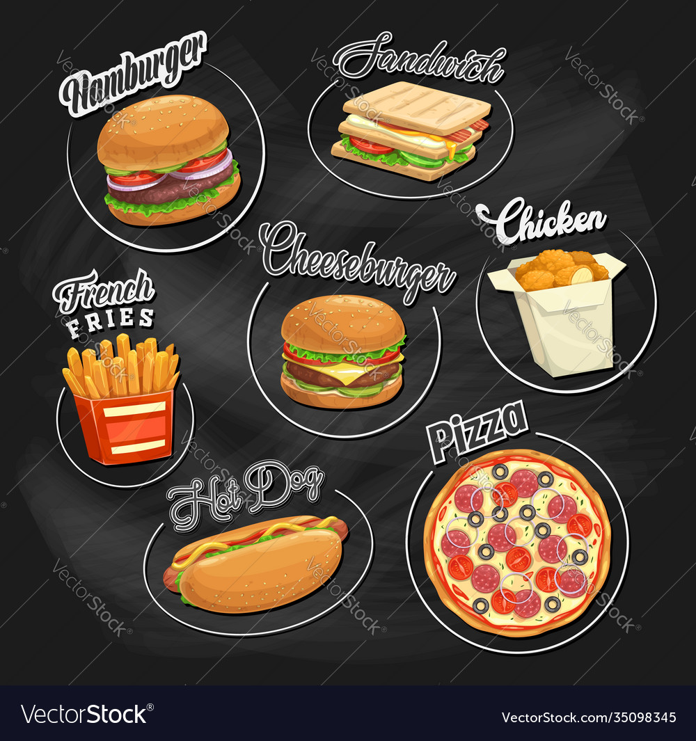 Fast Food Icons Black Chalkboard Background Vector Image