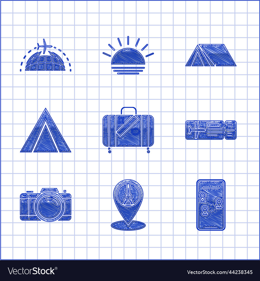 Set suitcase for travel and stickers map pointer