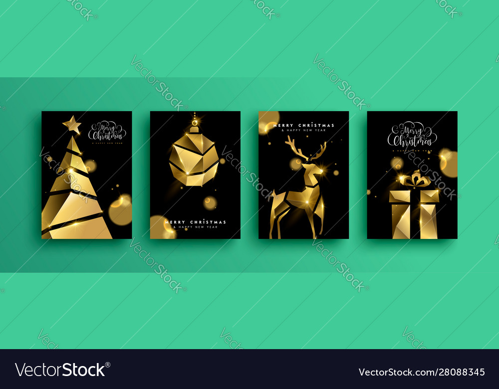 Year gold 3d low poly party card set Royalty Free Vector