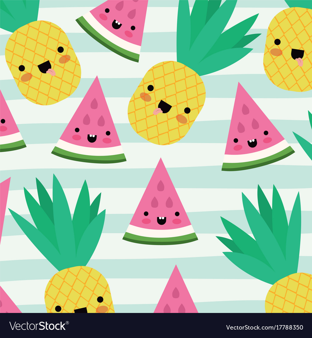 Kawaii fruits pattern set with face expression