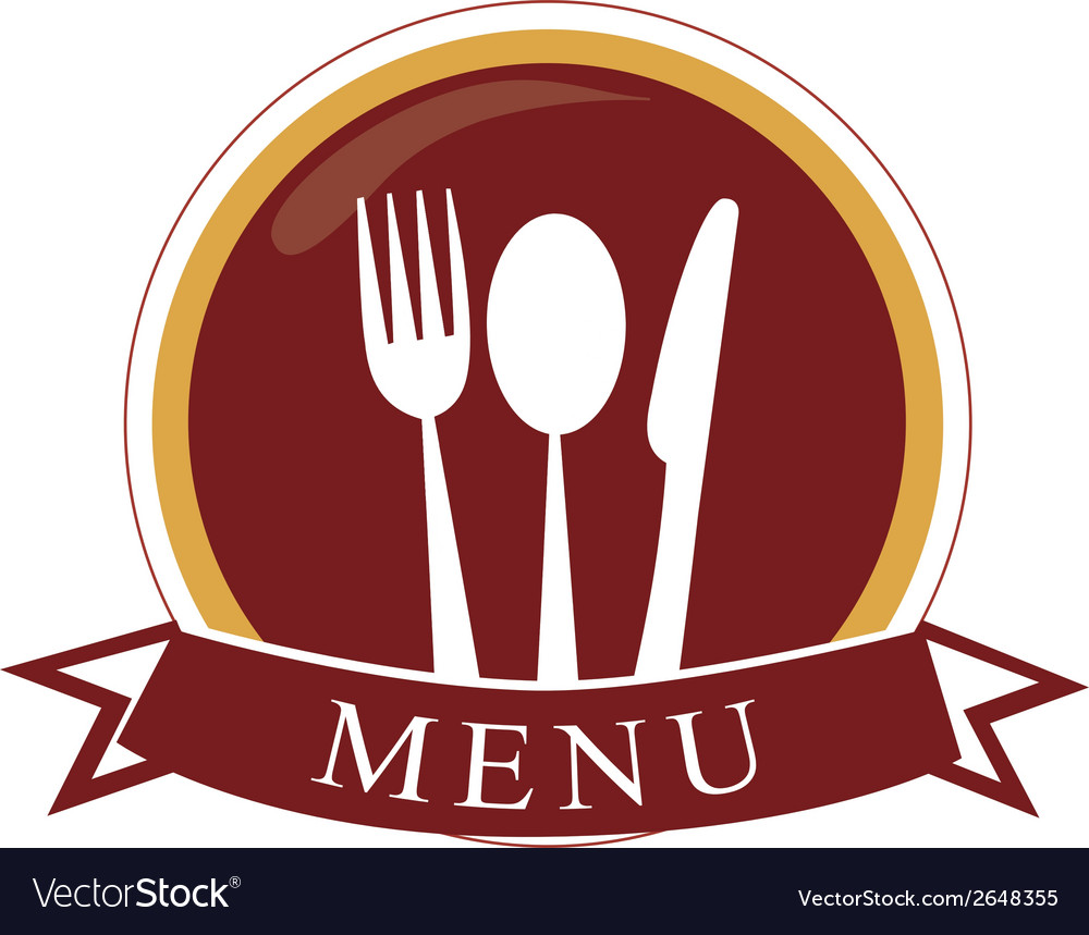 A round red icon with some white utensils for menu