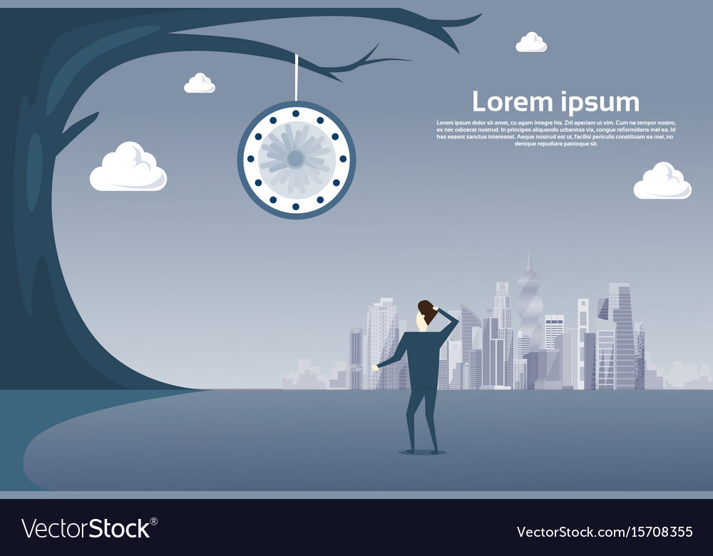 business man looking at clock hanging on tree over