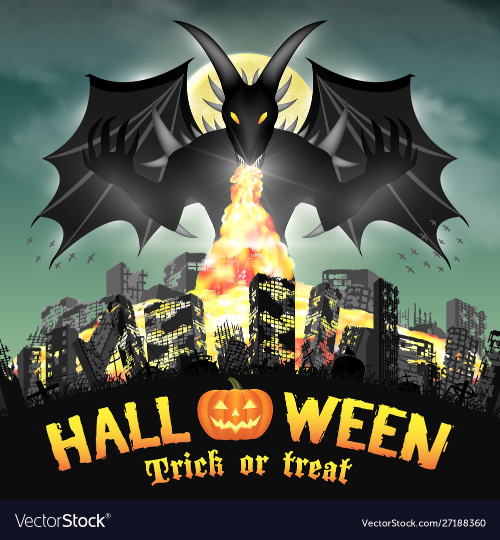 Halloween giant devil monster destroy city fire