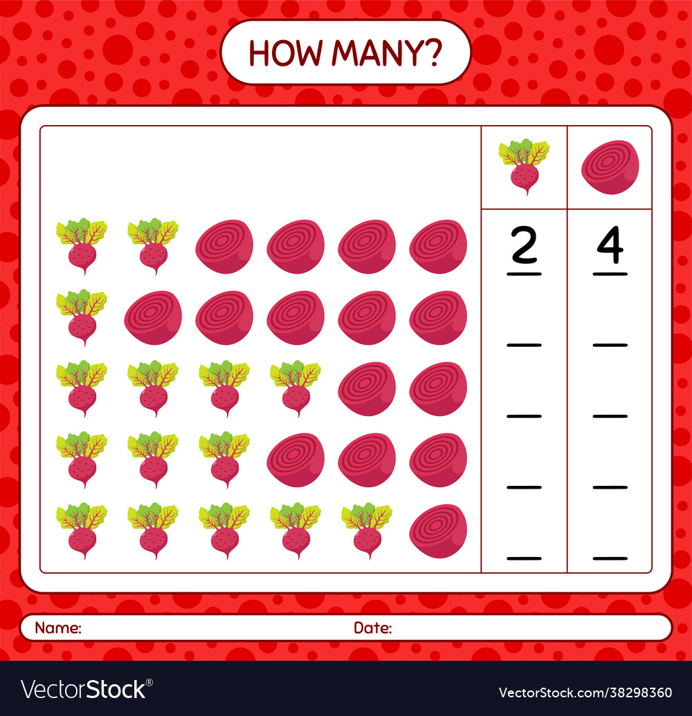 How many counting game with beet root worksheet vector image How many counting game with beet root worksheet