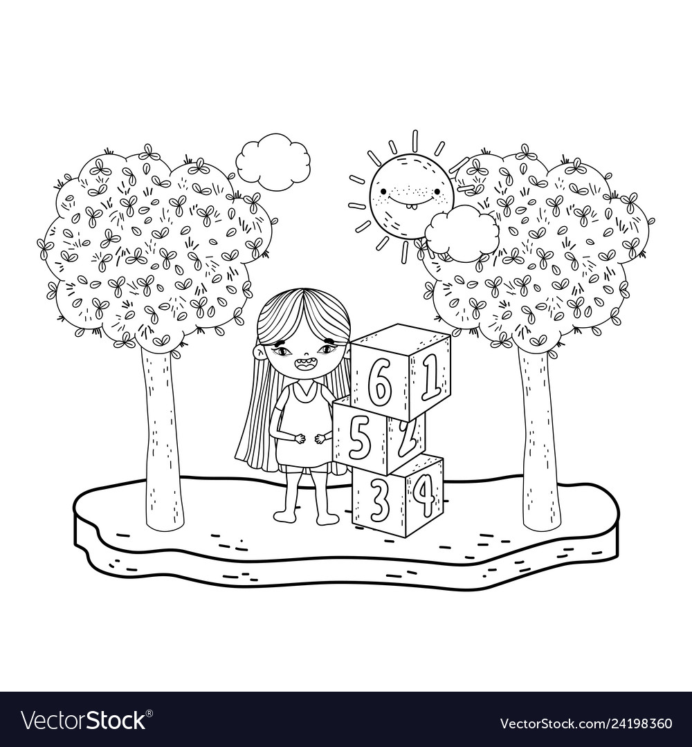 Little Girl Playing With Blocks Numbers Royalty Free Vector