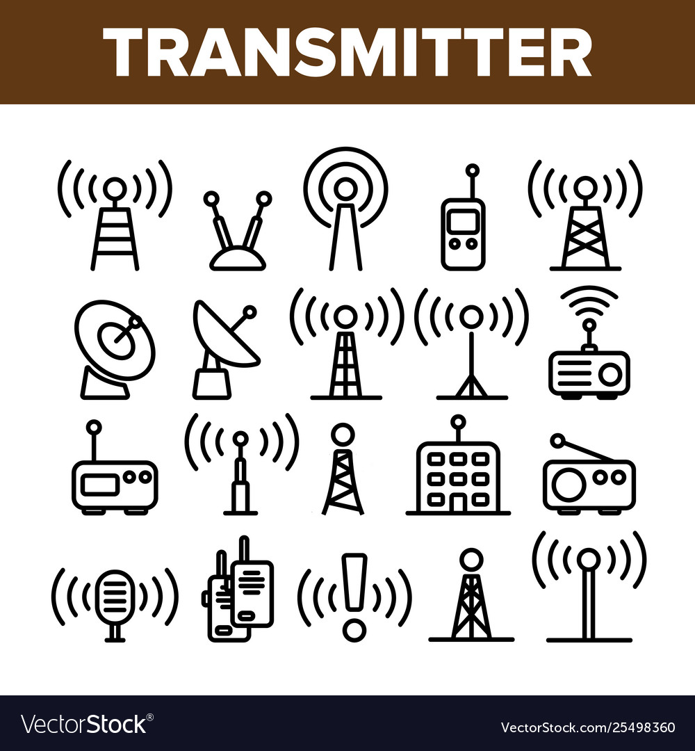 Transmitter radio tower linear icons set