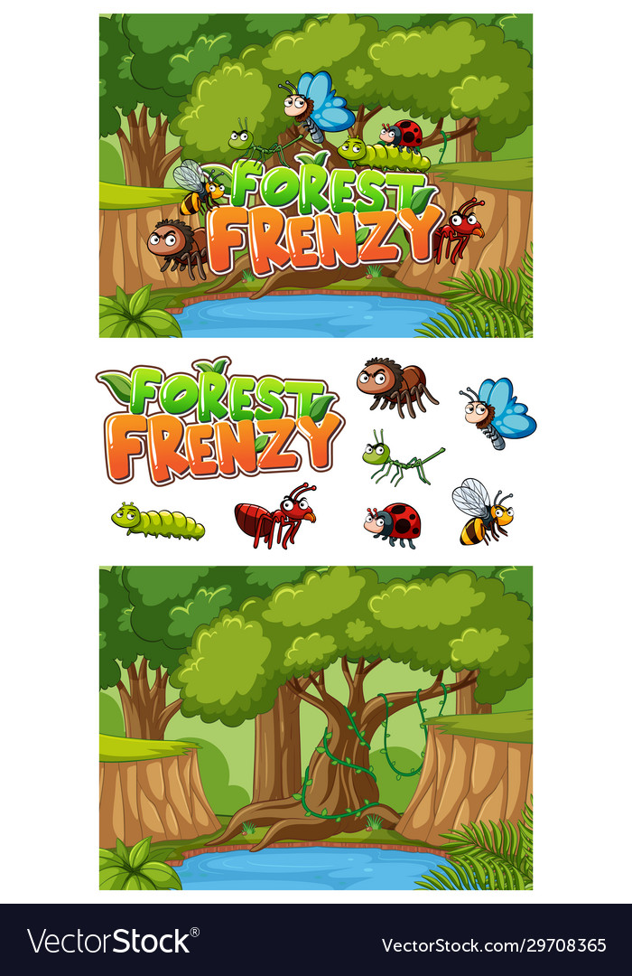 Background design with many insects in forest vector image Background design with many insects in forest