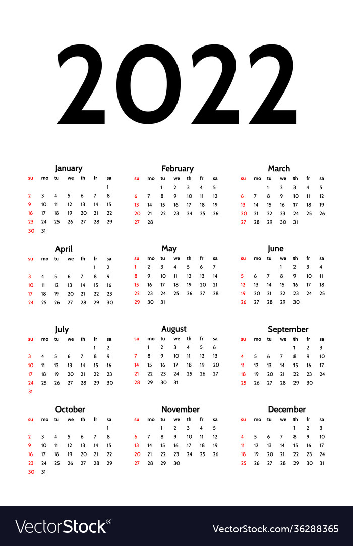 Calendar for 2022 isolated on a white Royalty Free Vector