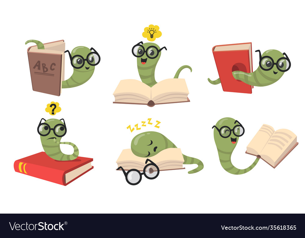 Funny bookworms flat item set Royalty Free Vector Image