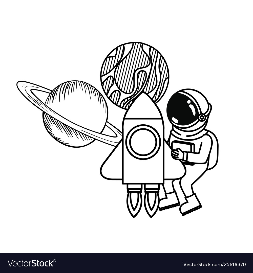 Astronaut with spacesuit and rocket in white