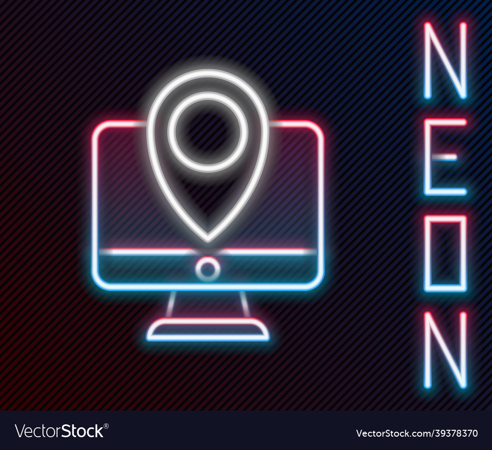 Glowing neon line computer monitor and folded map vector image Glowing neon line computer monitor and folded map