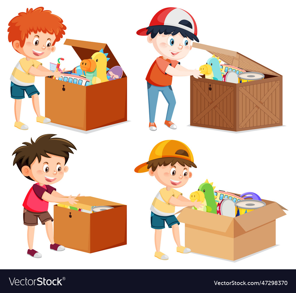 Set children with toys in the box Royalty Free Vector Image