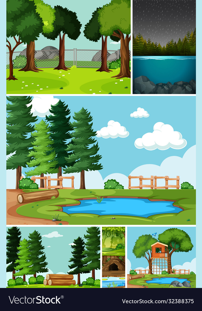 Six different scenes in nature setting cartoon