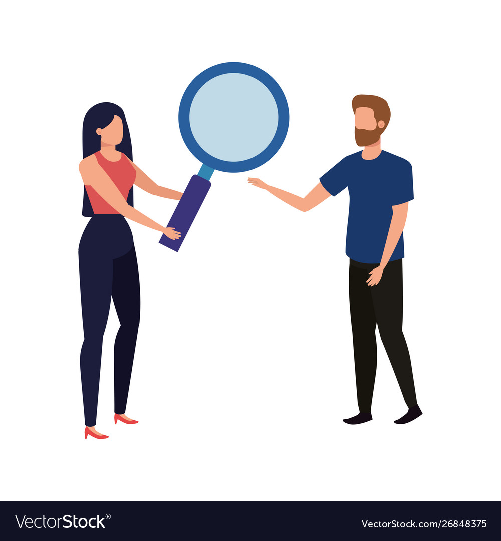 Young couple with magnifying glass characters Vector Image