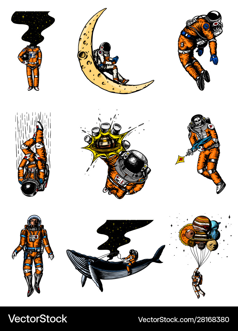 Set astronauts in solar system spaceman Royalty Free Vector