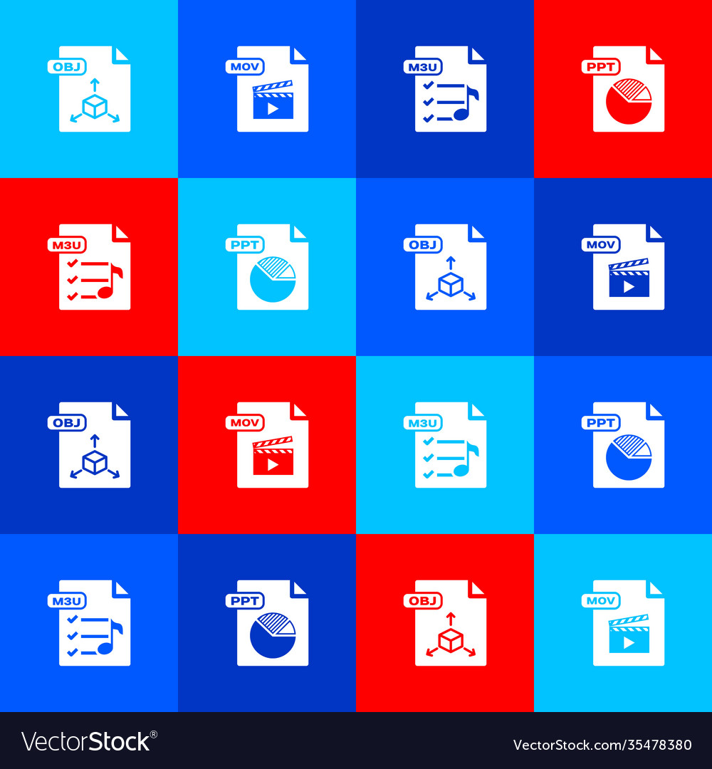 Set obj file document mov m3u and ppt icon vector image Set obj file document mov m3u and ppt icon