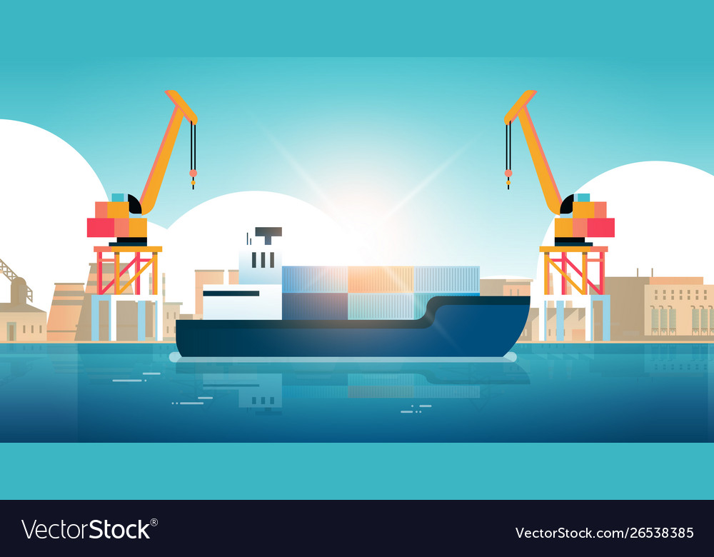 Cranes in port loading containers on ship cargo vector image Cranes in port loading containers on ship cargo
