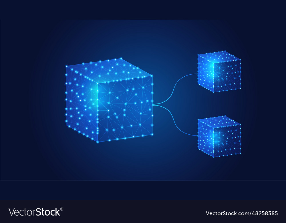 Polygon of blue glowing blockchain cube enhancing