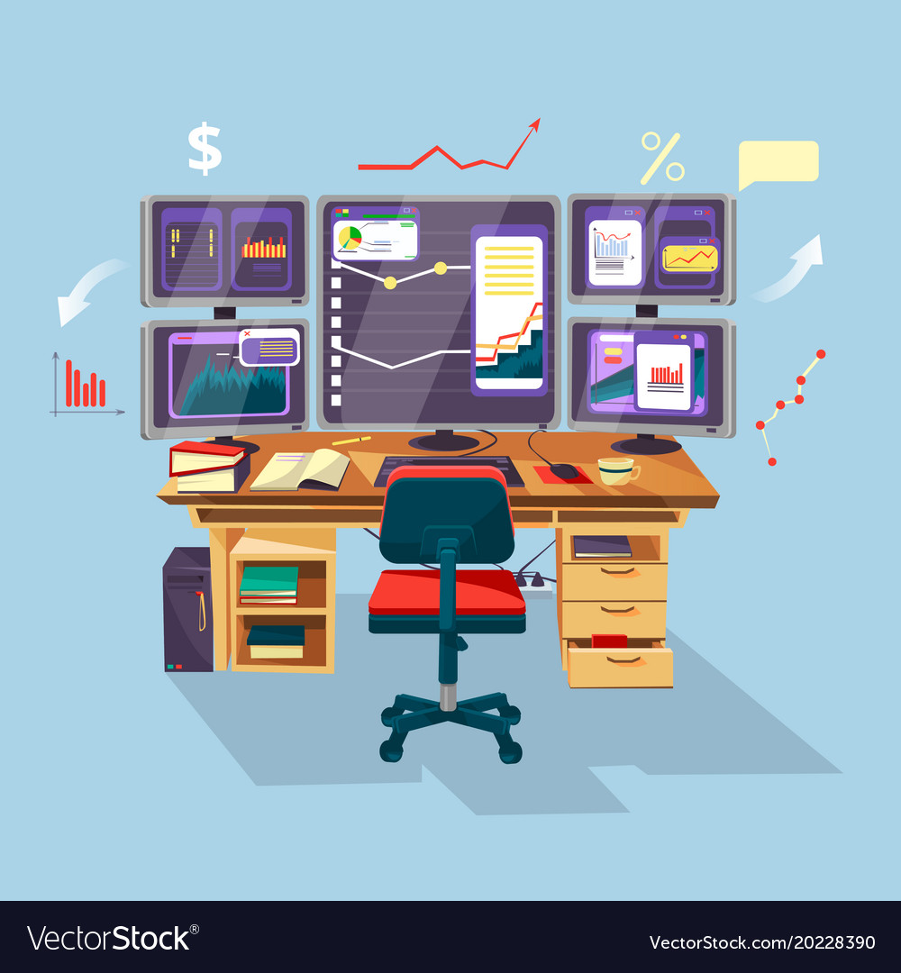 Cartoon trader financial analyst workplace Vector Image