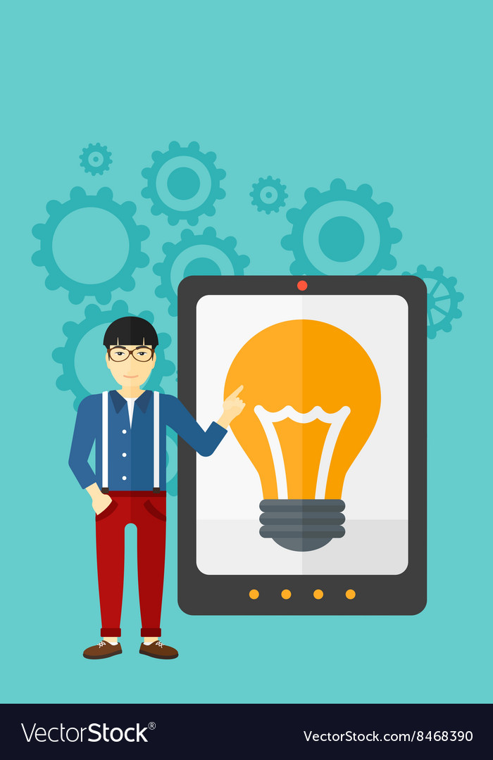 Man pointing at tablet computer with light bulb