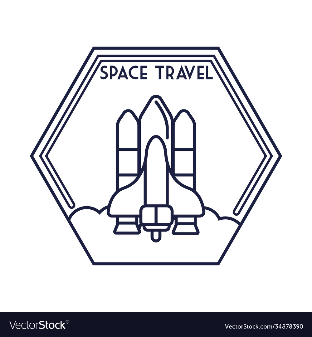 Space hexagon badge with spaceship flying line