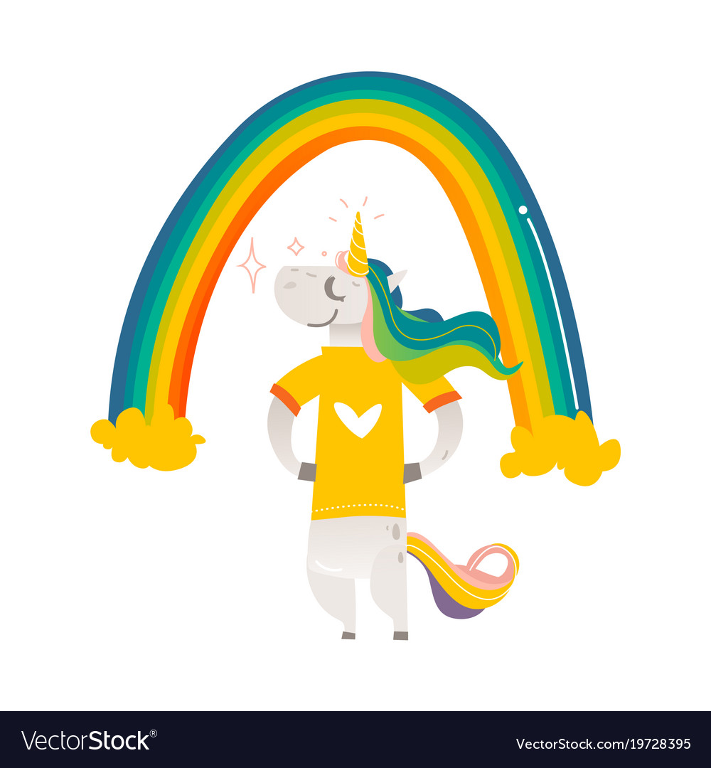 Happy unicorn character standing under big rainbow