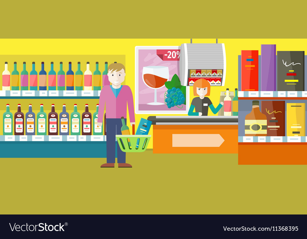 Person Buys Alcoholic Drinks in Elite Wine Shop Vector Image