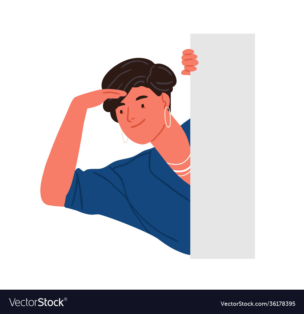 peeping Trendy smiling woman peeping from behind wall Vector Image