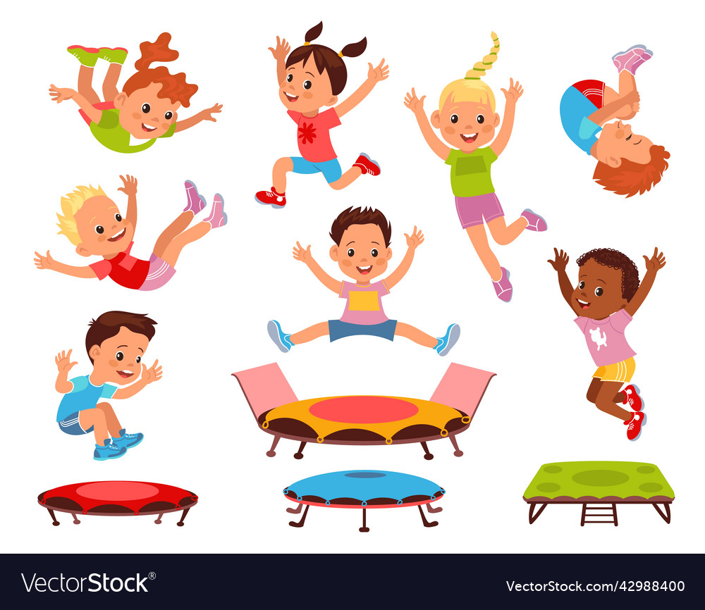 Cartoon children jumping on trampolines little