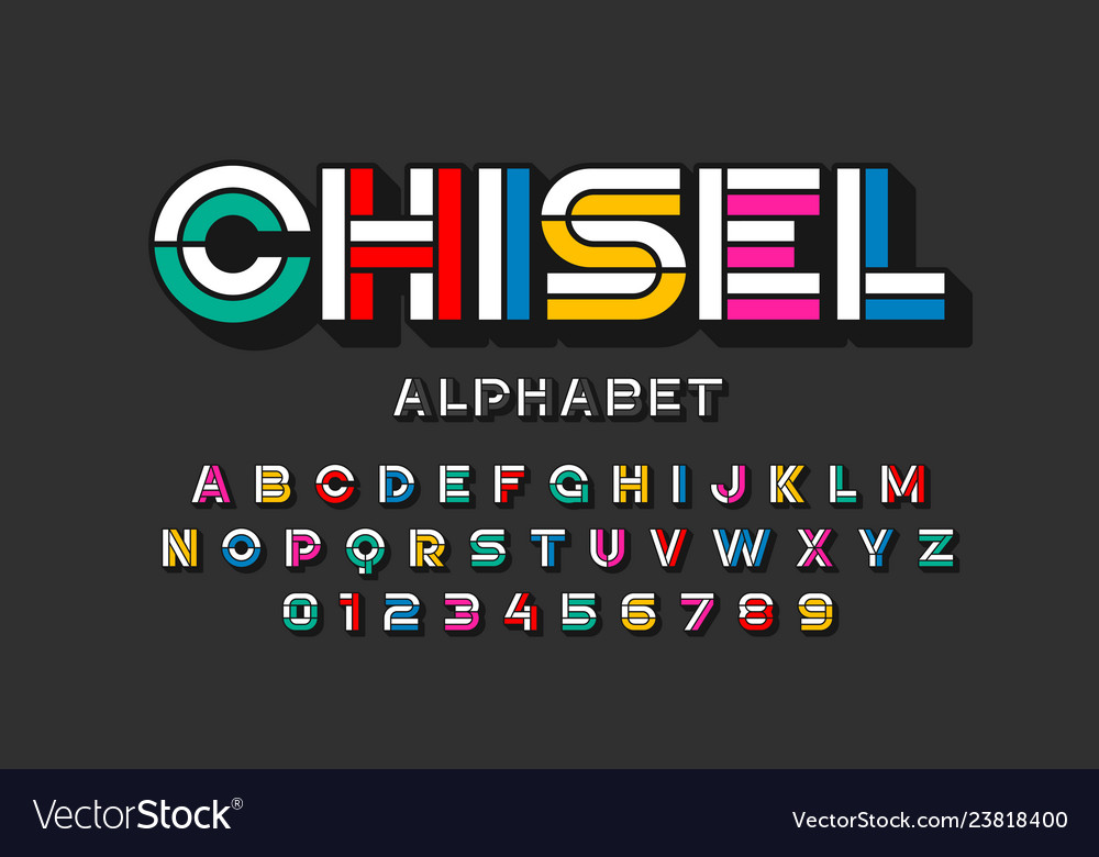 Colorful chisel font design alphabet letters Vector Image