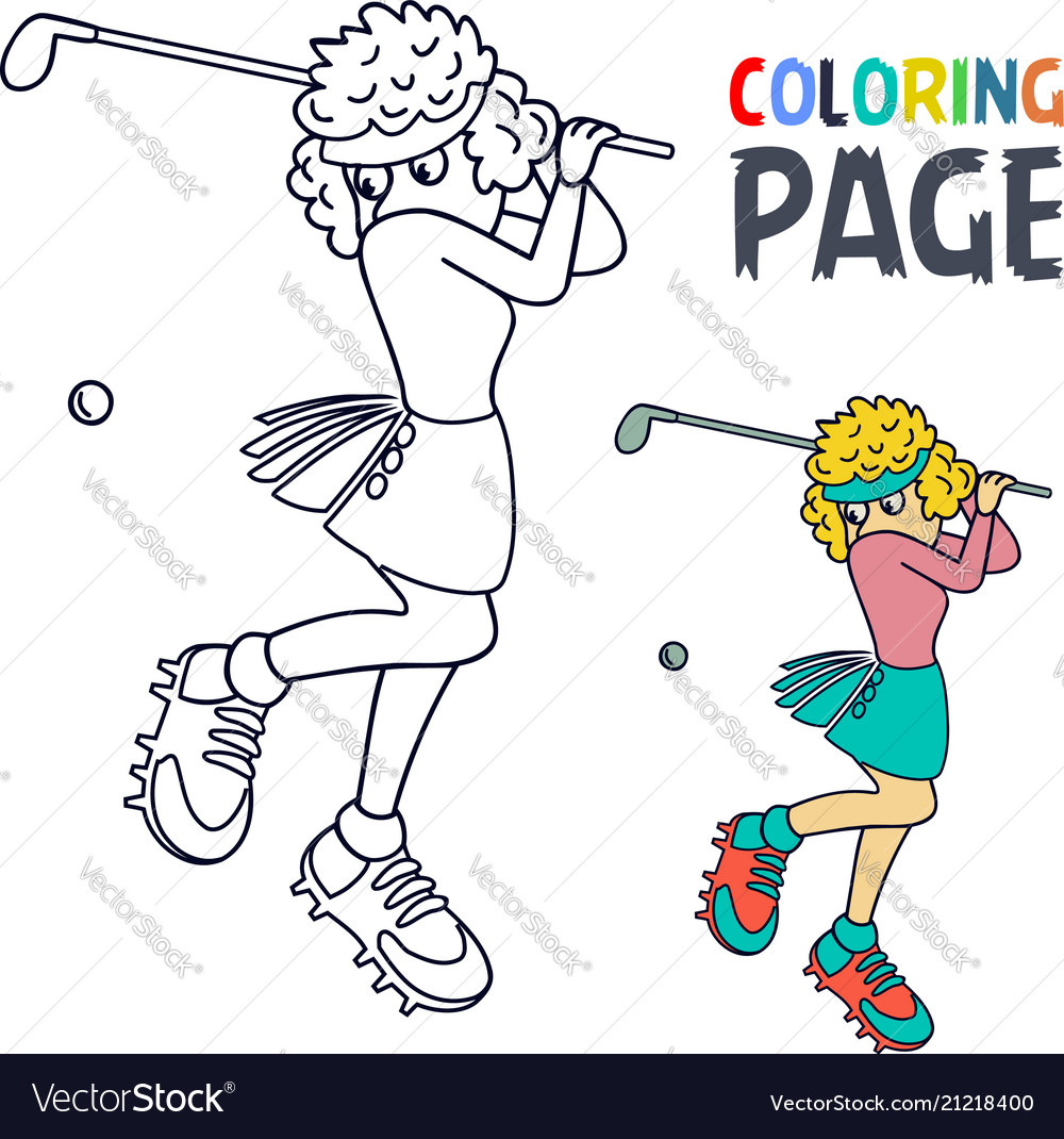 Coloring page with woman golf player cartoon