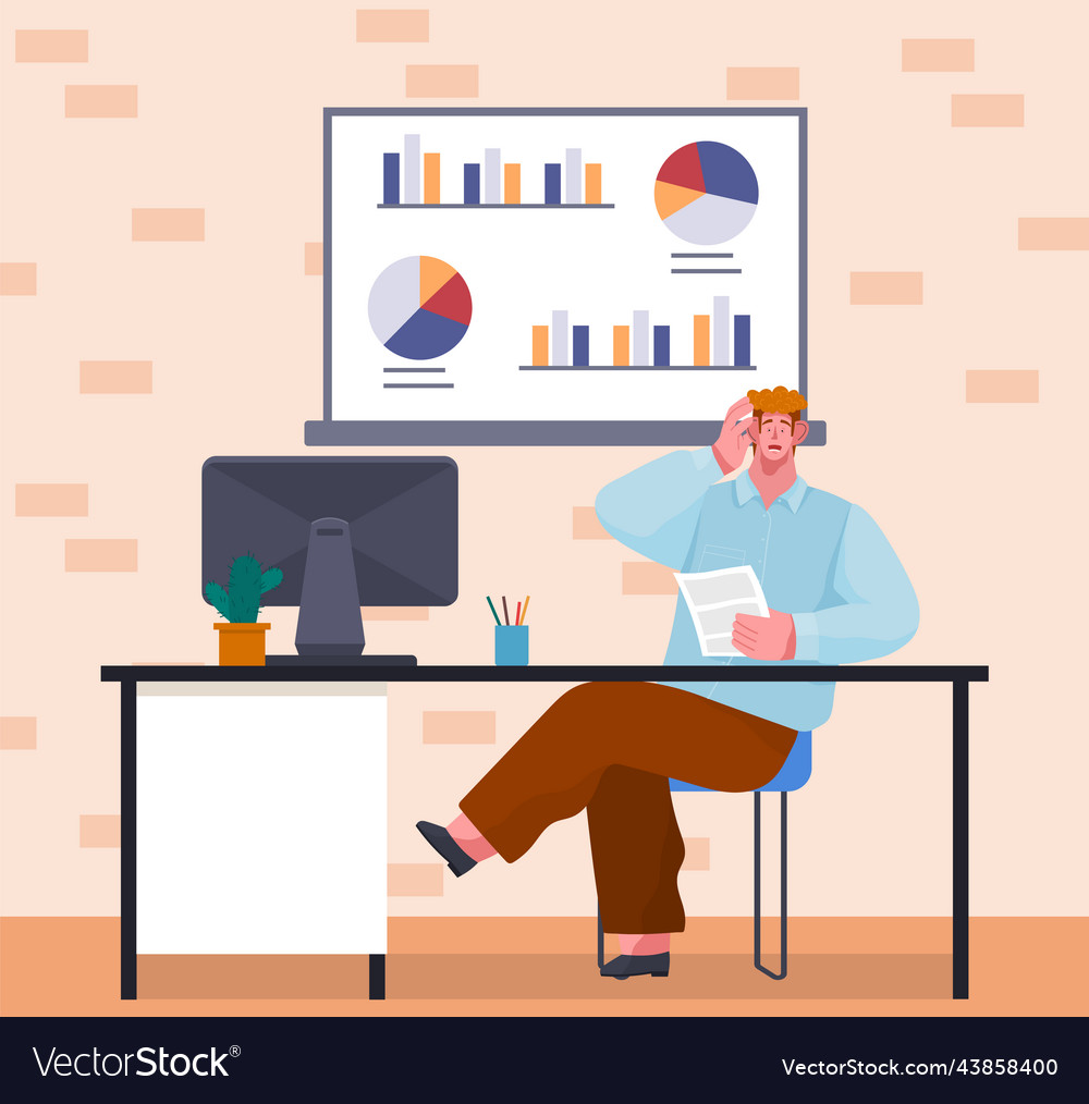 Man analyses digital report with data statistical vector image Man analyses digital report with data statistical