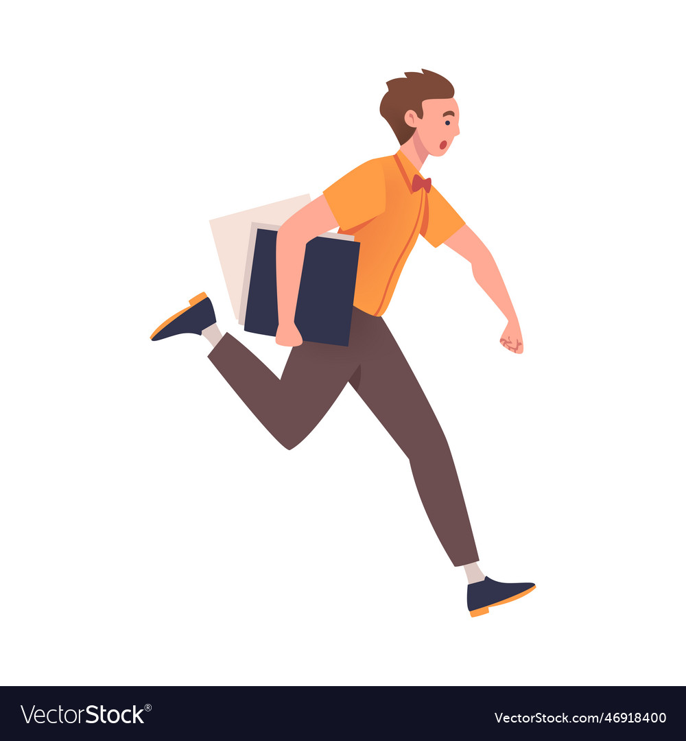 Man character hurrying running fast with documents