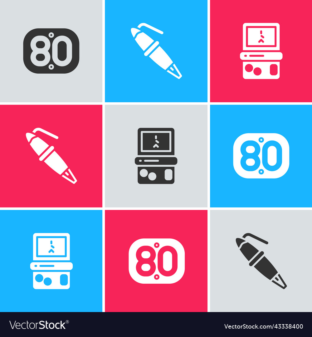 Set 80s retro fountain pen nib and tetris icon