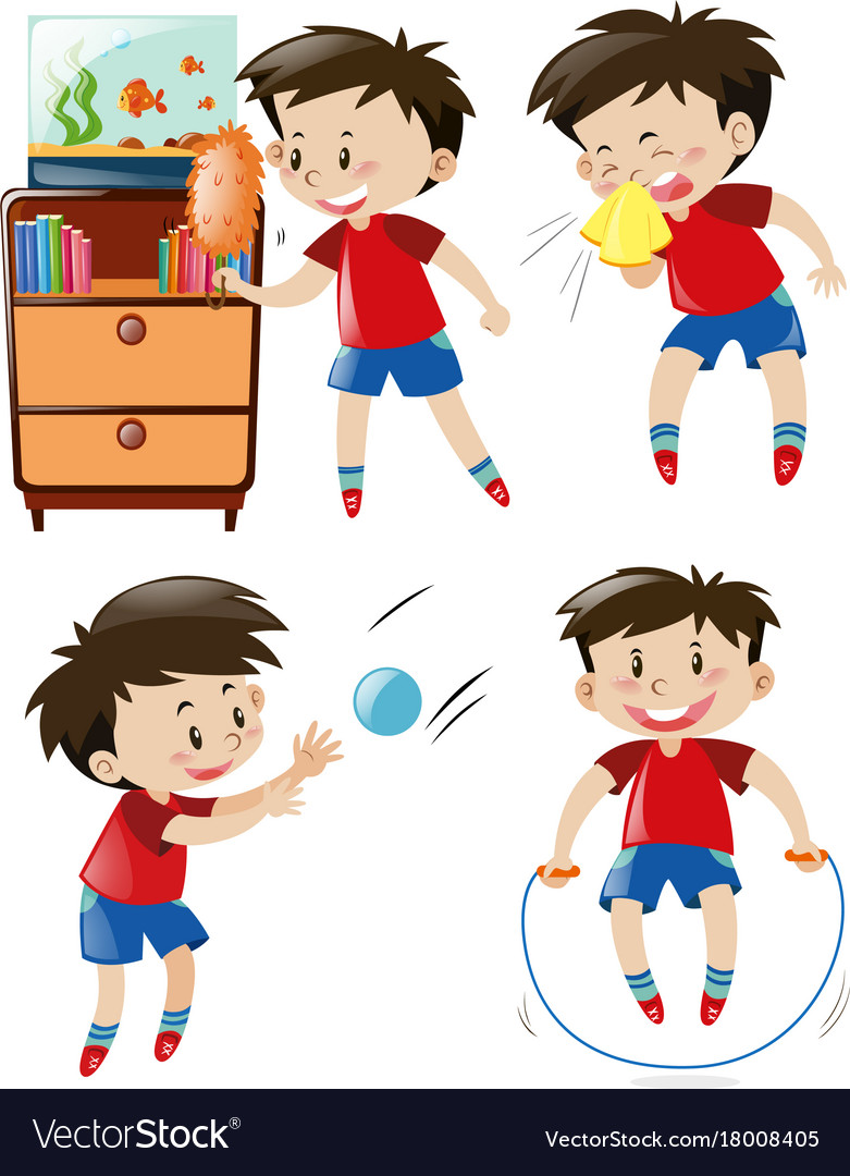 Boy in red shirt doing different activities