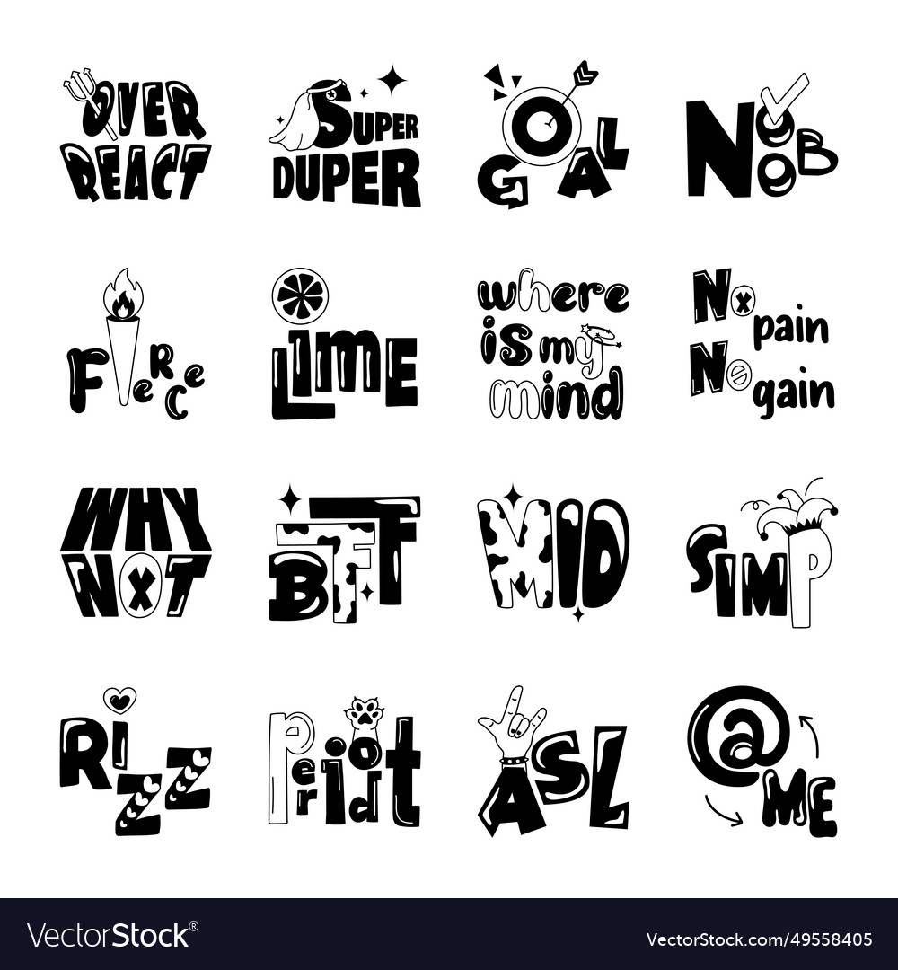 Modern set of typography words glyph stickers