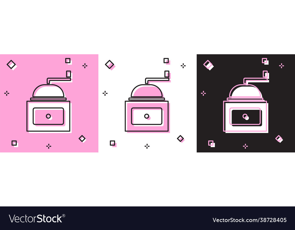 Set manual coffee grinder icon isolated on pink