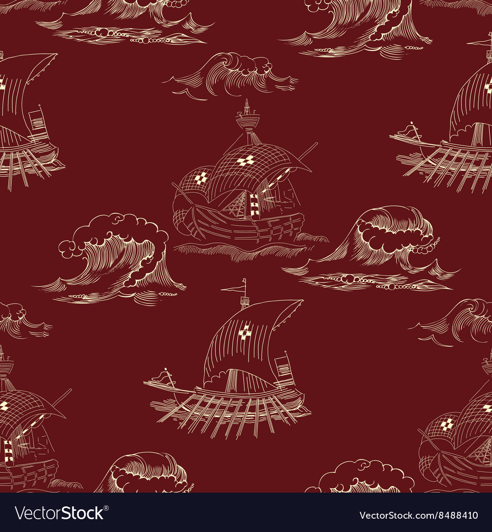 Seamless pattern with waves and ships