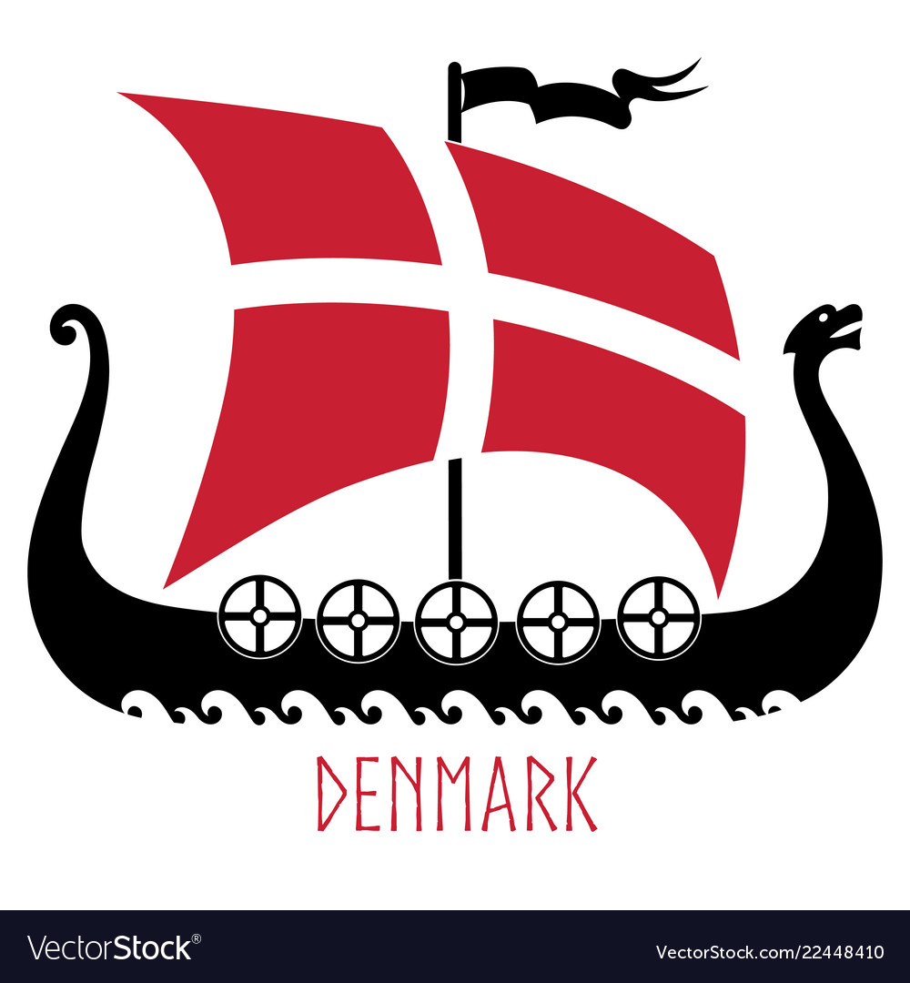 Warship vikings - drakkar and denmark flag Vector Image