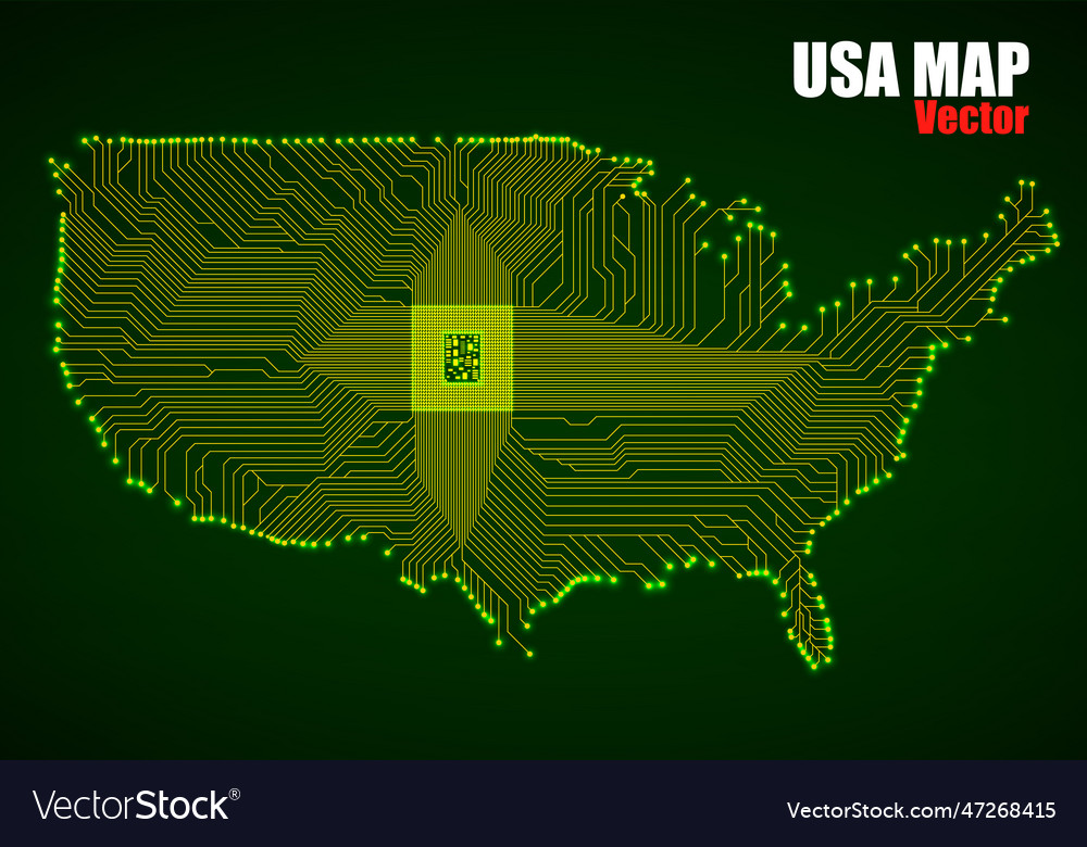 Abstract map usa with cpu glowing circuit board vector image Abstract map usa with cpu glowing circuit board
