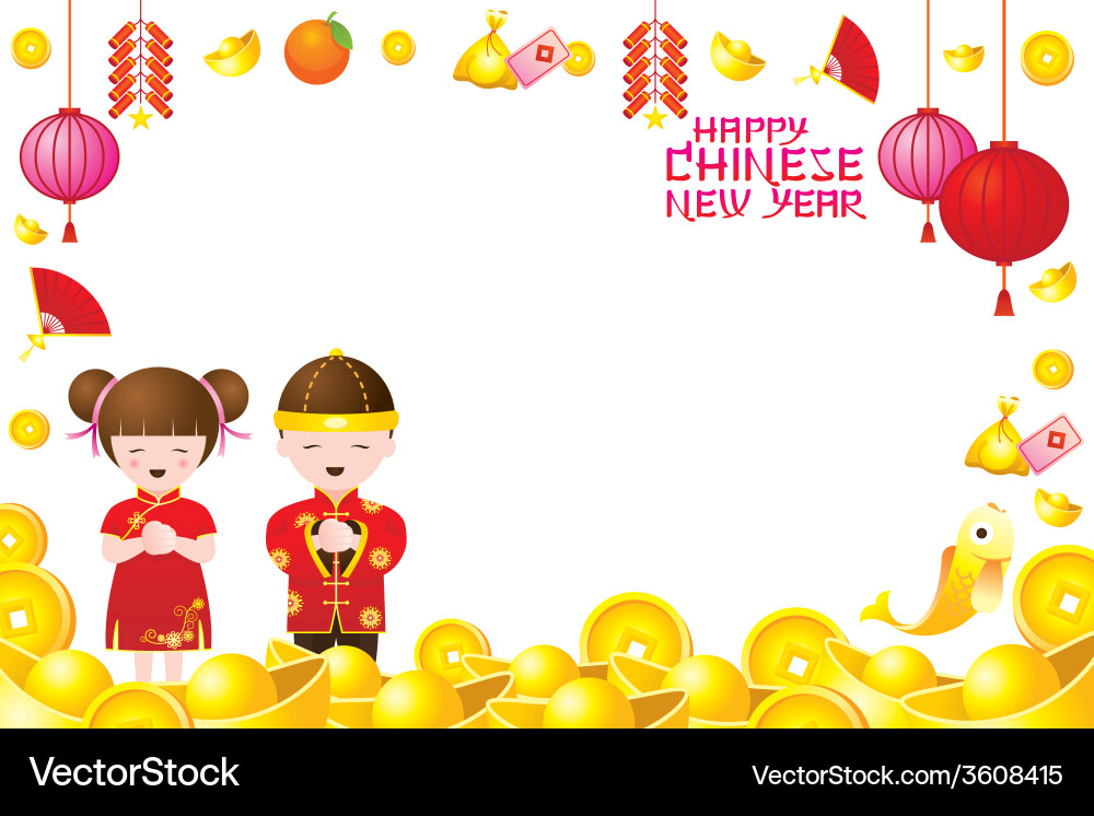 Chinese new year frame with kids Royalty Free Vector Image