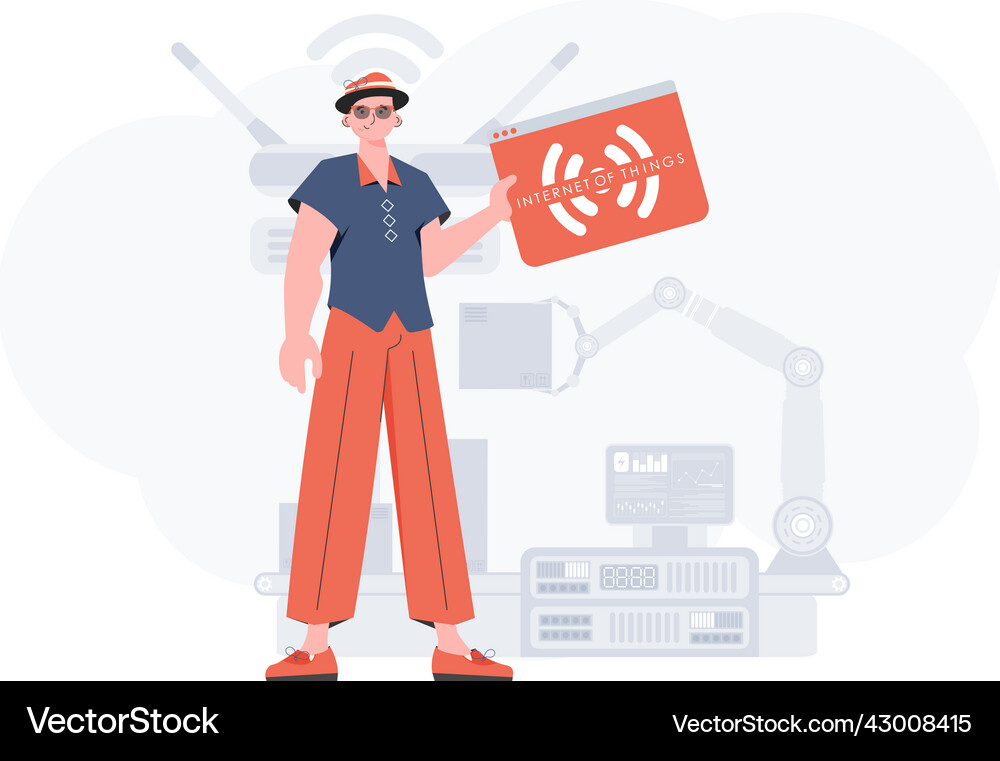 Guy is holding an internet thing icon in his Vector Image