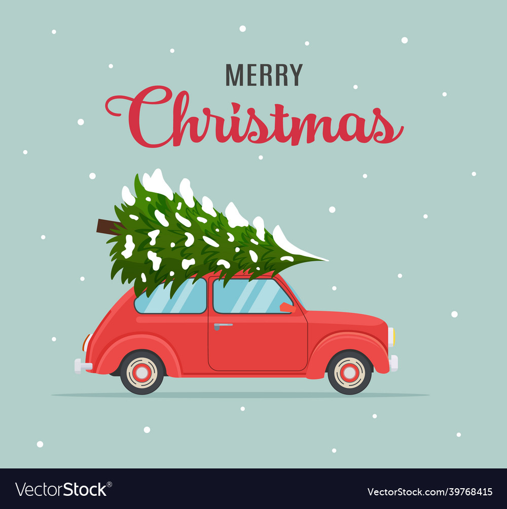 Retro Red Pickup with Christmas Tree
