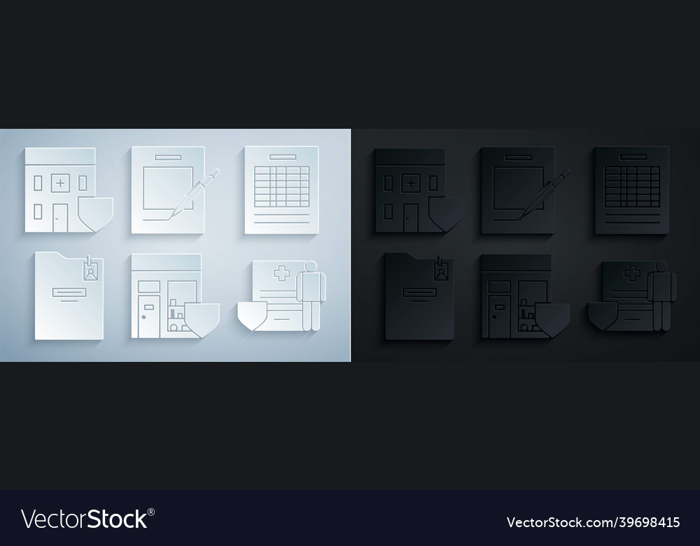 Set shopping building with shield report file vector image Set shopping building with shield report file