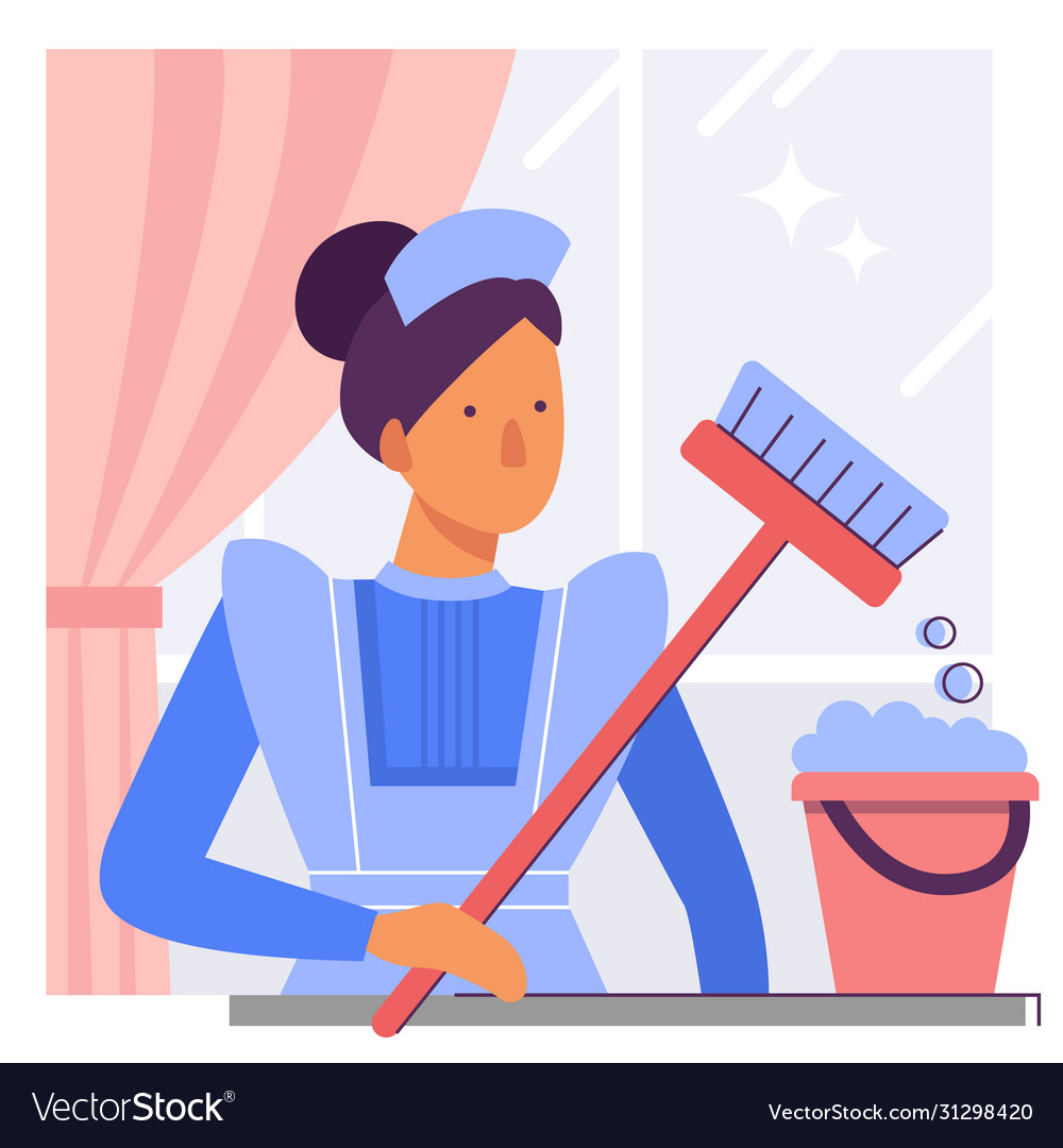 A maid or female cleaner with bucket and mop