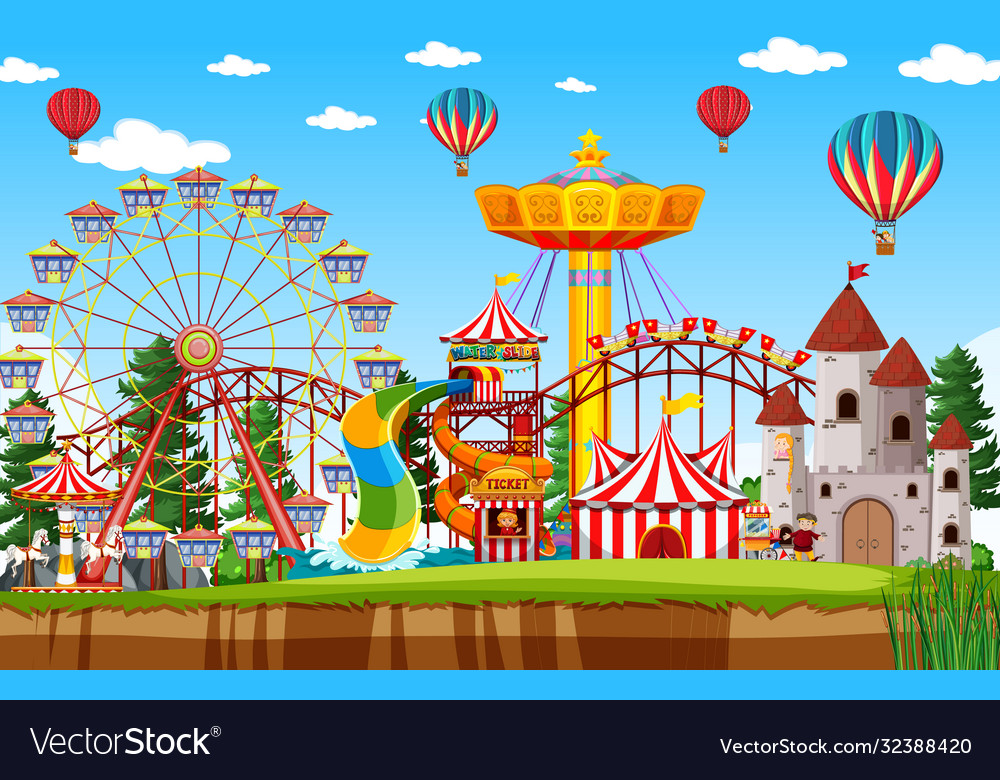 Amusement park scene at daytime with balloon Vector Image