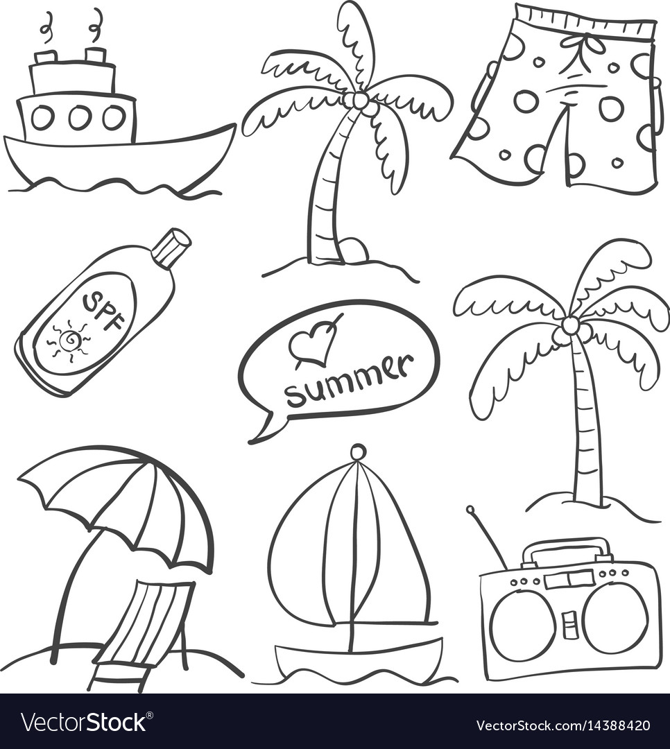 Collection of summer object set doodle style